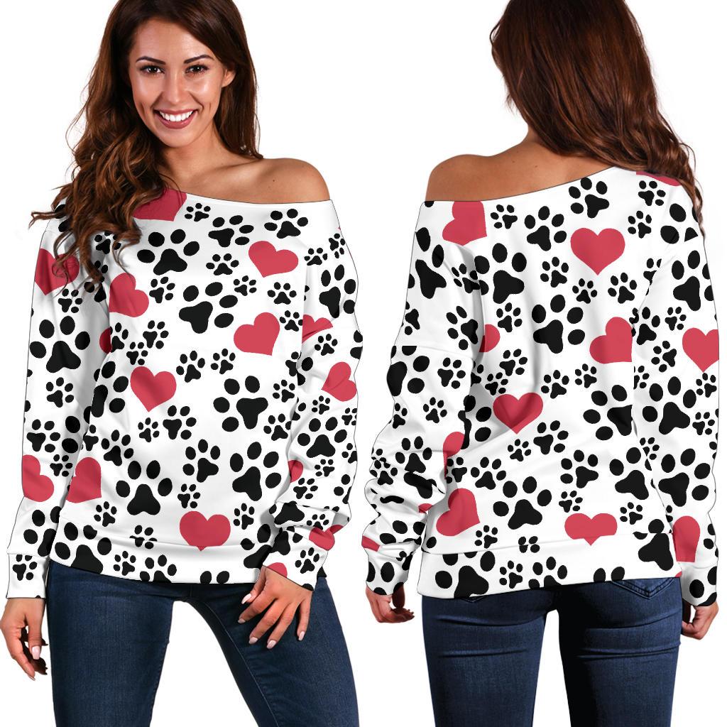 Women`s Off Shoulder Sweater Dog Paw Prints | Premium Ladies Sweater GearRex 