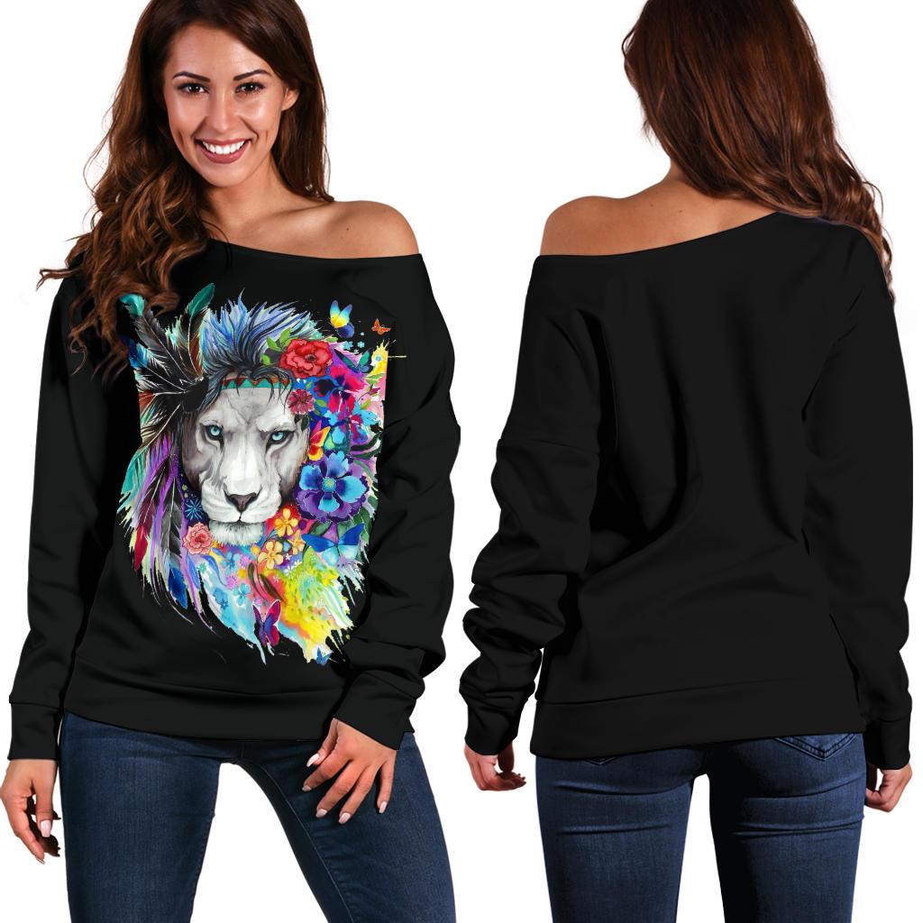 Floral Feather Lion (Black) - Women's Off Shoulder Sweater GearRex 