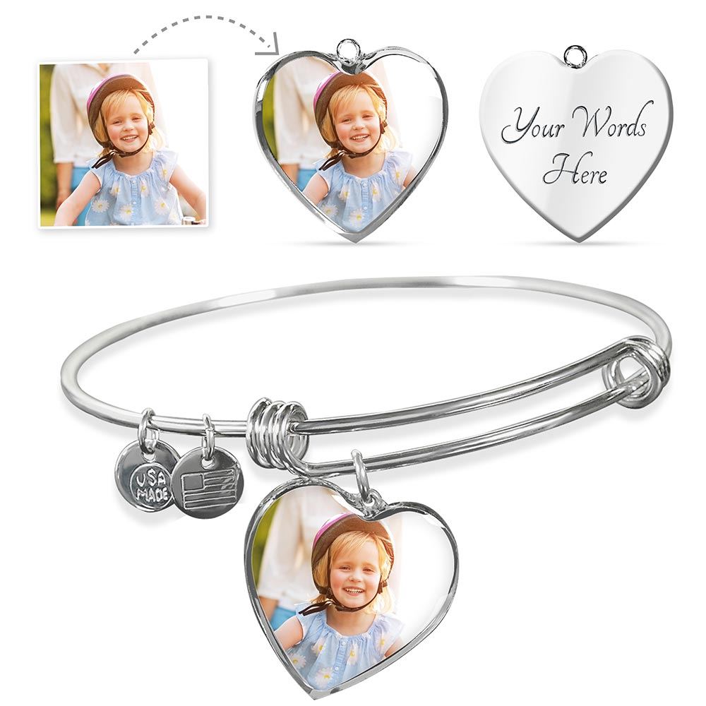 Your Own Photo - Heart- Adjustable Bangle Jewelry ShineOn Fulfillment Heart Pendant Silver Bangle No 