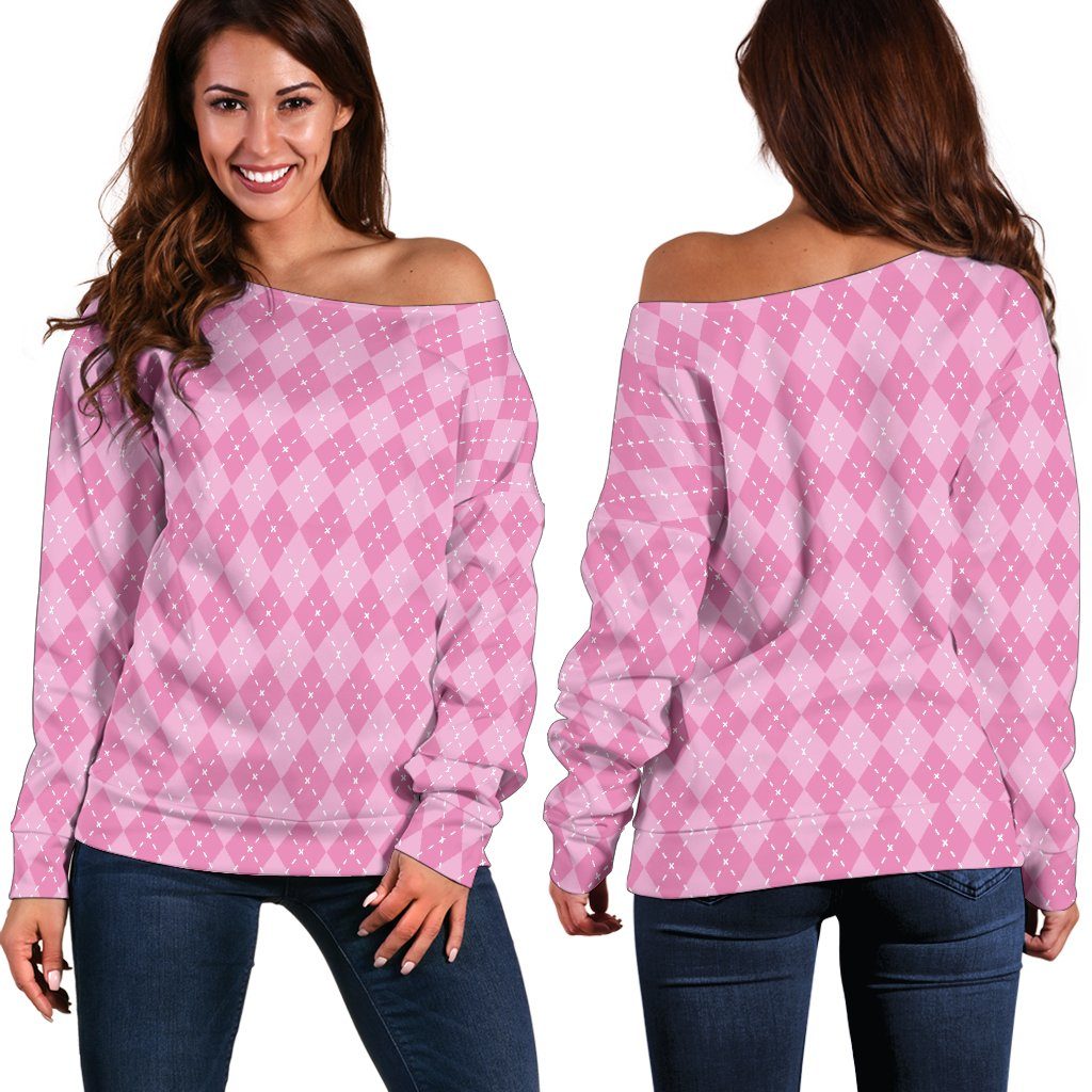 Pink Argyle Women's Off Shoulder Sweater GearRex 