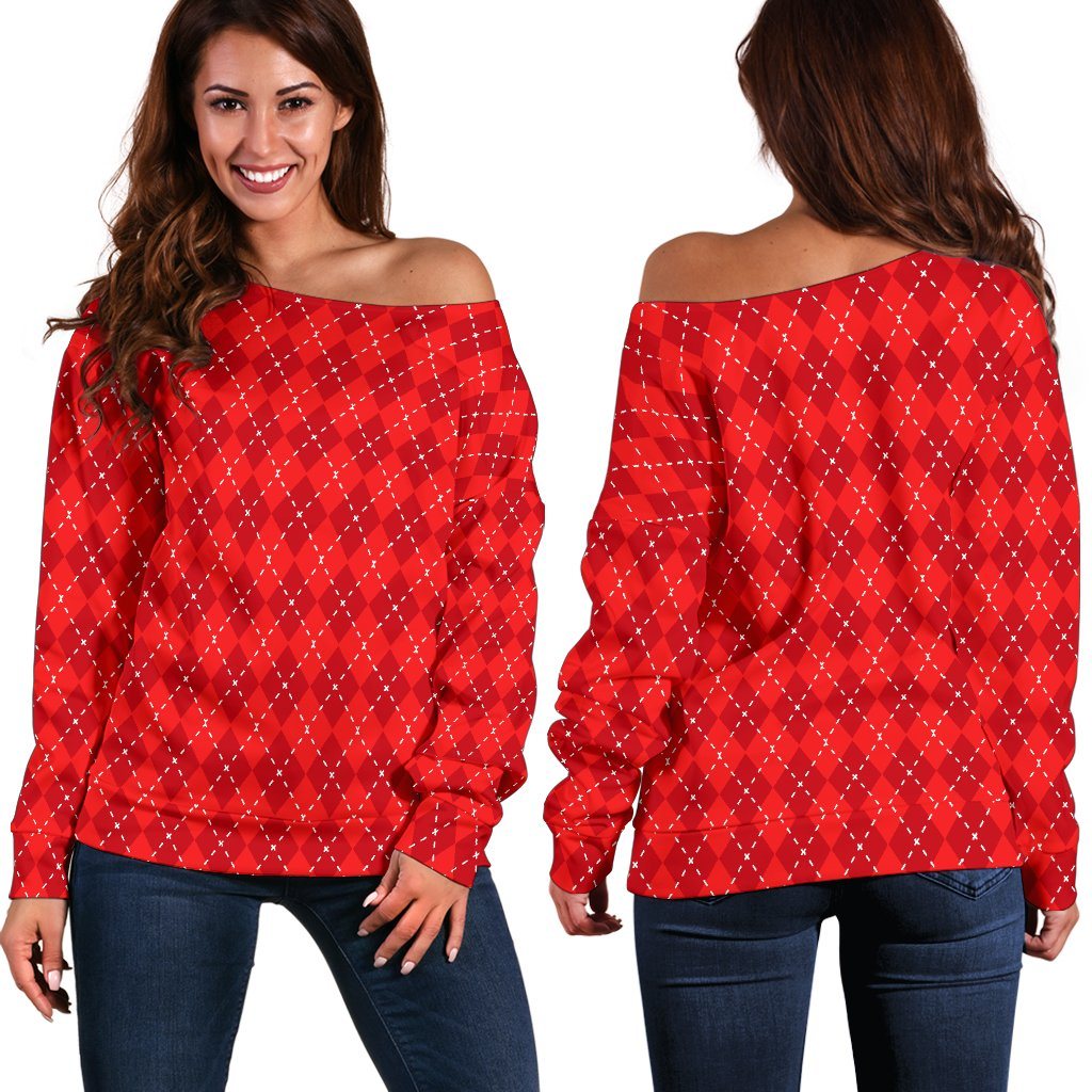 Red Argyle Womens Off Shoulder Sweater GearRex 